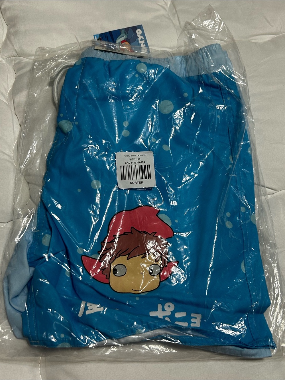 Men's Blue Swim Trunks with Cartoon Graphic